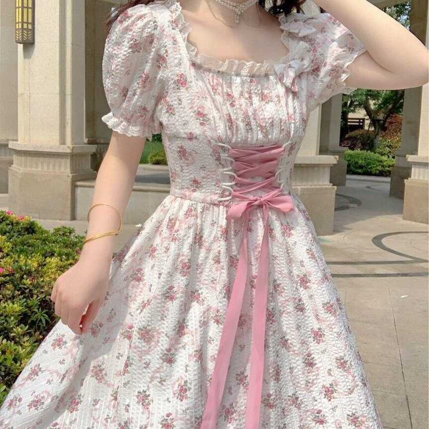 Cheap Elegant Floral Dress Women Lace Up Korean Princess Fairy ...