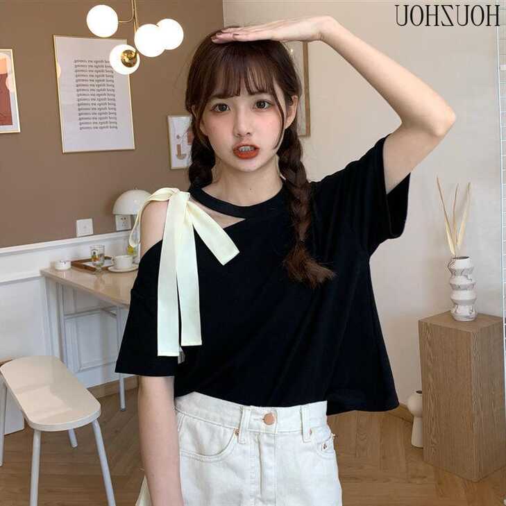 Cheap HOUZHOU Bow T-shirt Women Summer Short Sleeve Loose Black ...