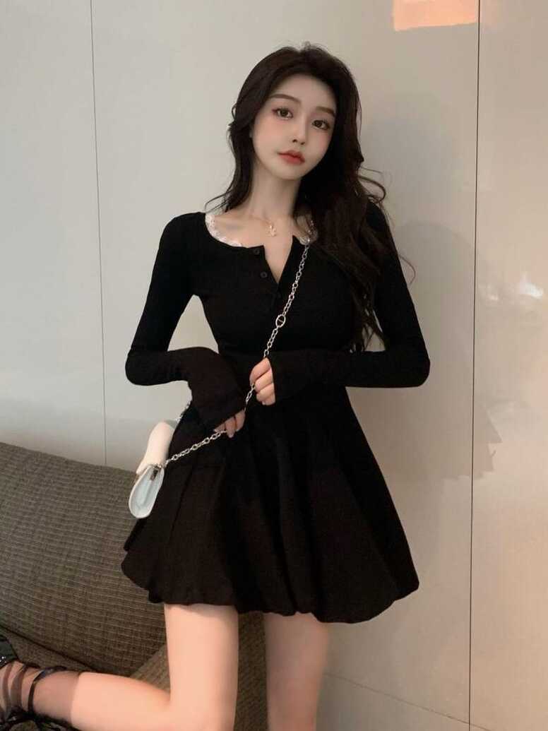 Cheap Knitted Black Wrap Dress Women Korean Style Bodycon Lace ...