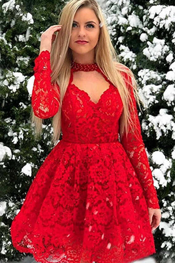 Cheap Lace Red Chic Long-Sleeves A-Line Homecoming Dresses,MH444 ...