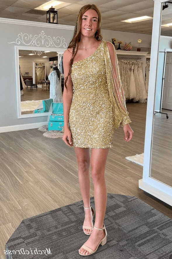 Cheap One Shoulder Short 2024 Homecoming Dresses Gold Sequin Hoco ...