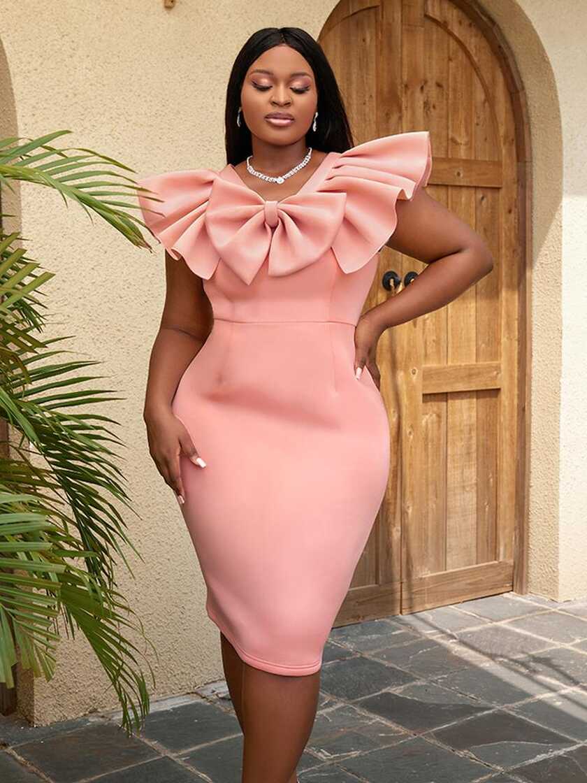 Cheap Pink Party Dress Elegant Women Ruffles Bow V Neck Slim Fit ...