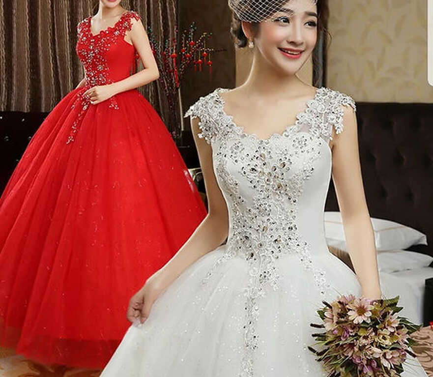 Cheap Plus Size Red Lace A Line Sequins Sleeveless Prom Wedding Dress