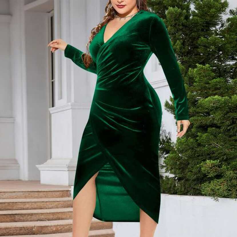 Cheap Plus Size Women Sexy Velvet Dress Deep V-neck Long Sleeve ...