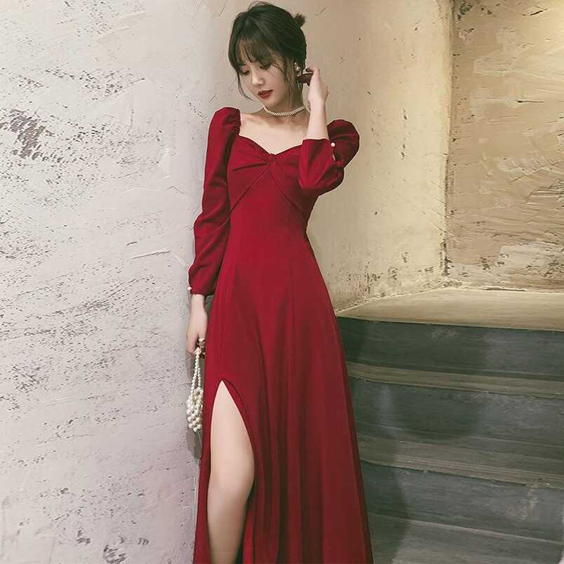 Cheap Red Elegant Party Dress Women Spring French Split Designer ...