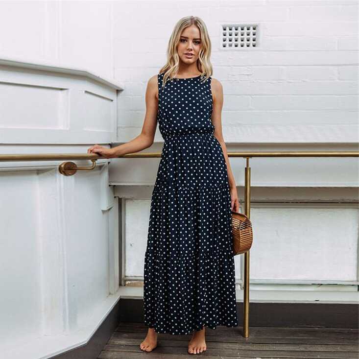 Cheap Sexy Maxi Dress Female Fashion Dot Print Sleeveless Dresses ...