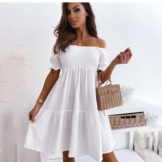 Cheap Summer Off Shoulder Short Sleeve Dress Casual Loose Mini ...