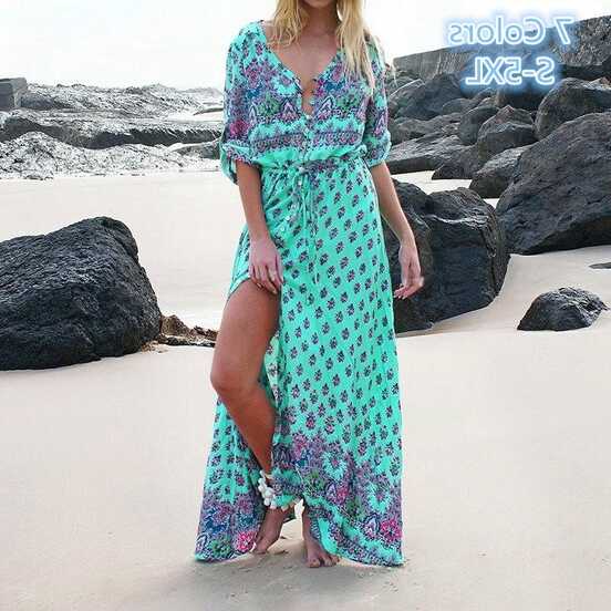 Cheap Summer Women V-neck Bohemia Printed Dress Long Beach Dress ...