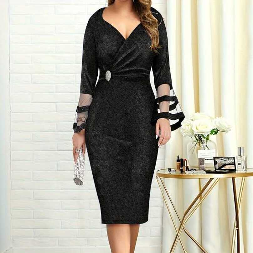 Cheap Women Party Dress Mesh Patchwork Low-cut V Neck Knee Length ...