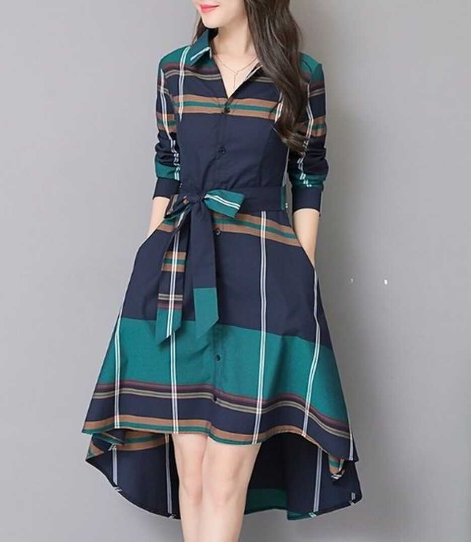 Check Printed Knee Length Western Dress For Women