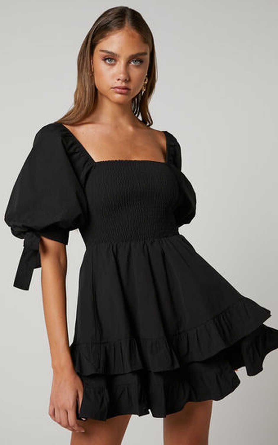 Chelle Mini Dress - Shirred Short Tie Sleeve Dress in Black | Showpo