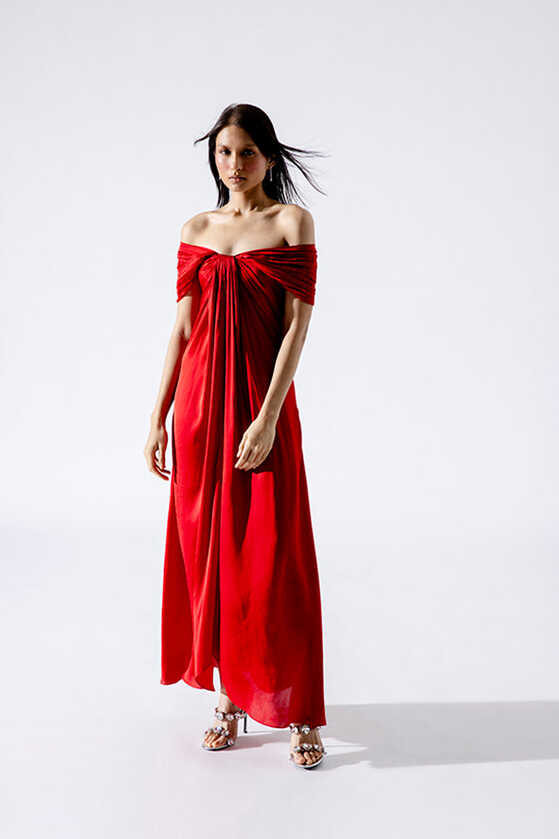 Cherry Bow Off-Shoulder Dress: Red Elegance in Modal Satin – Āroka