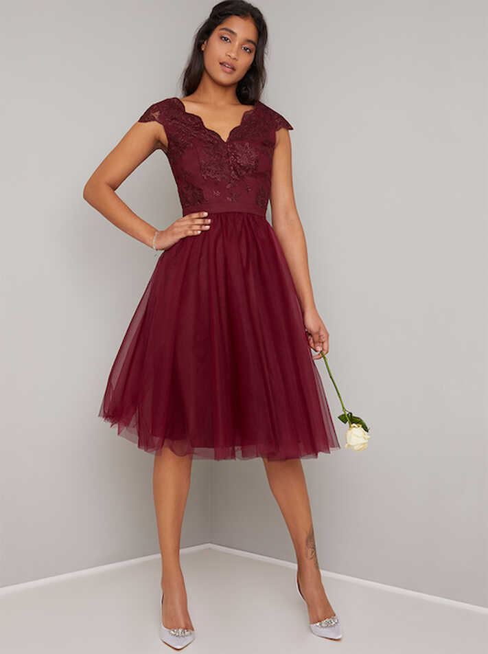 Chi Chi Joey Tulle Short Lace Bridesmaid Dress, Red/Burgundy ...