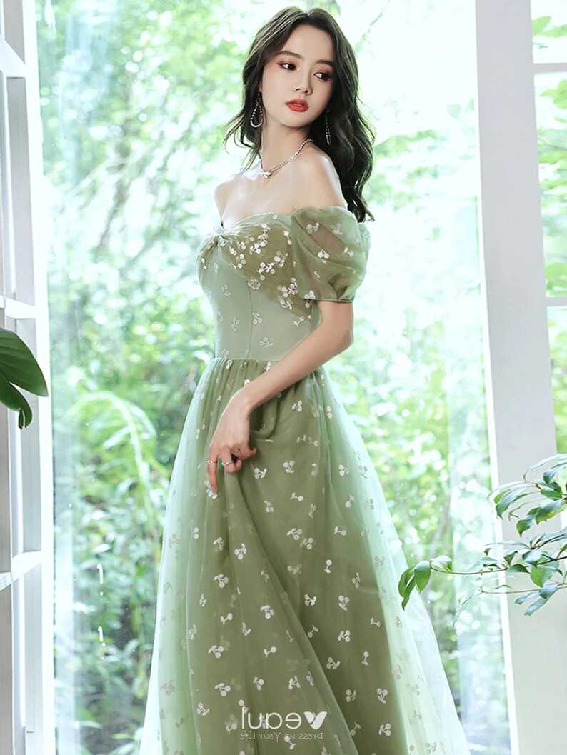 Chic / Beautiful Sage Green Floral Prom Dresses 2024 A-Line ...