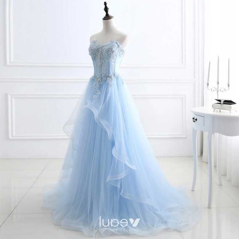 Chic / Beautiful Sky Blue Prom Dresses 2018 A-Line / Princess Lace ...