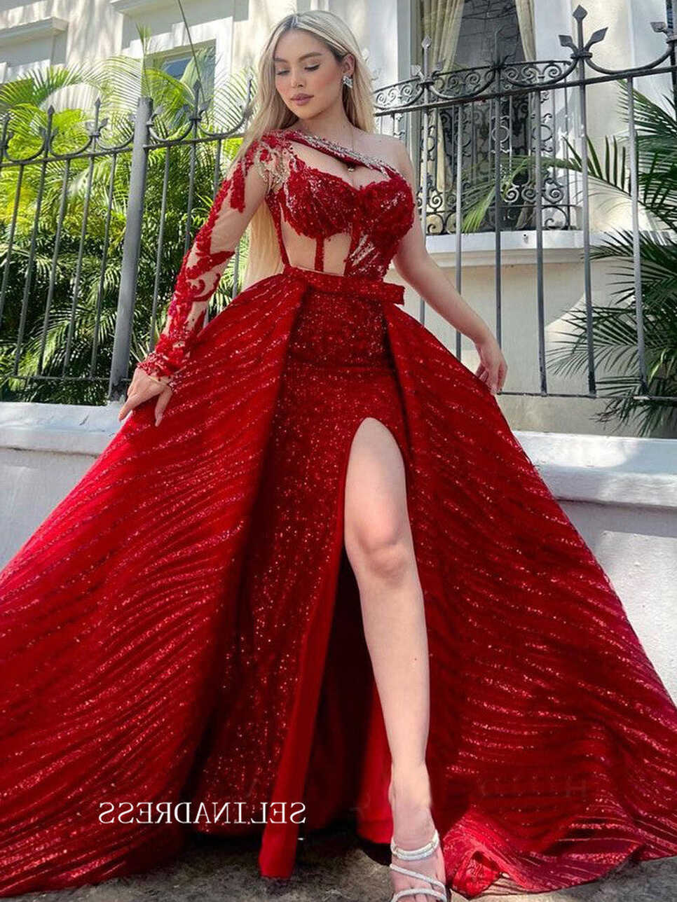 Chic A-line One Shoulder Red Long Prom Dresses Elegant Sequins ...