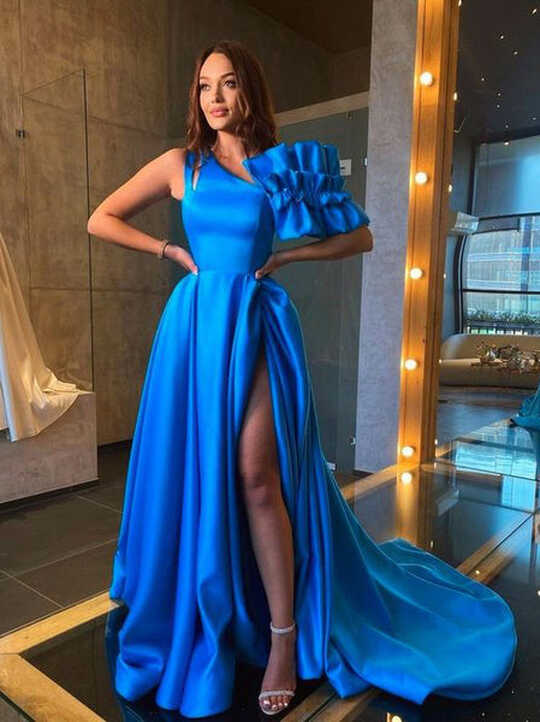 Chic A-line One Shoulder Royal Blue Long Prom Dresses Satin ...