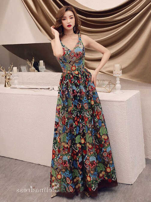 Chic A-line Straps Floral Long Prom Dresses Boho Embroidery Lace ...