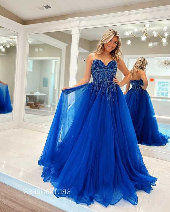 Chic A-line Sweetheart Beaded Long Prom Dress Royal Blue Tulle ...