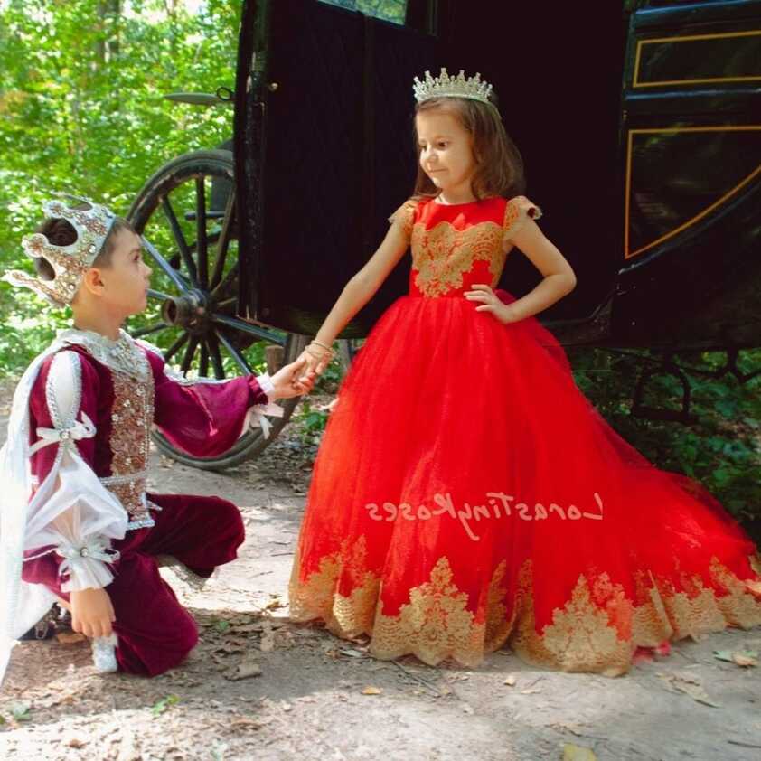 Chic Baby Birthday Red Dress With Goldy Lace Train Red Formal ...