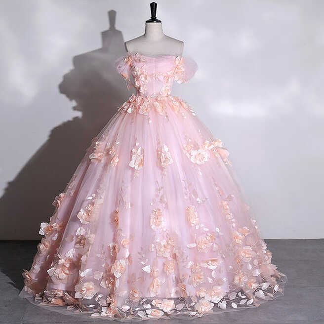 Chic Beautiful Pink Ball Gown Elegant Princess Dress 3D Floral ...