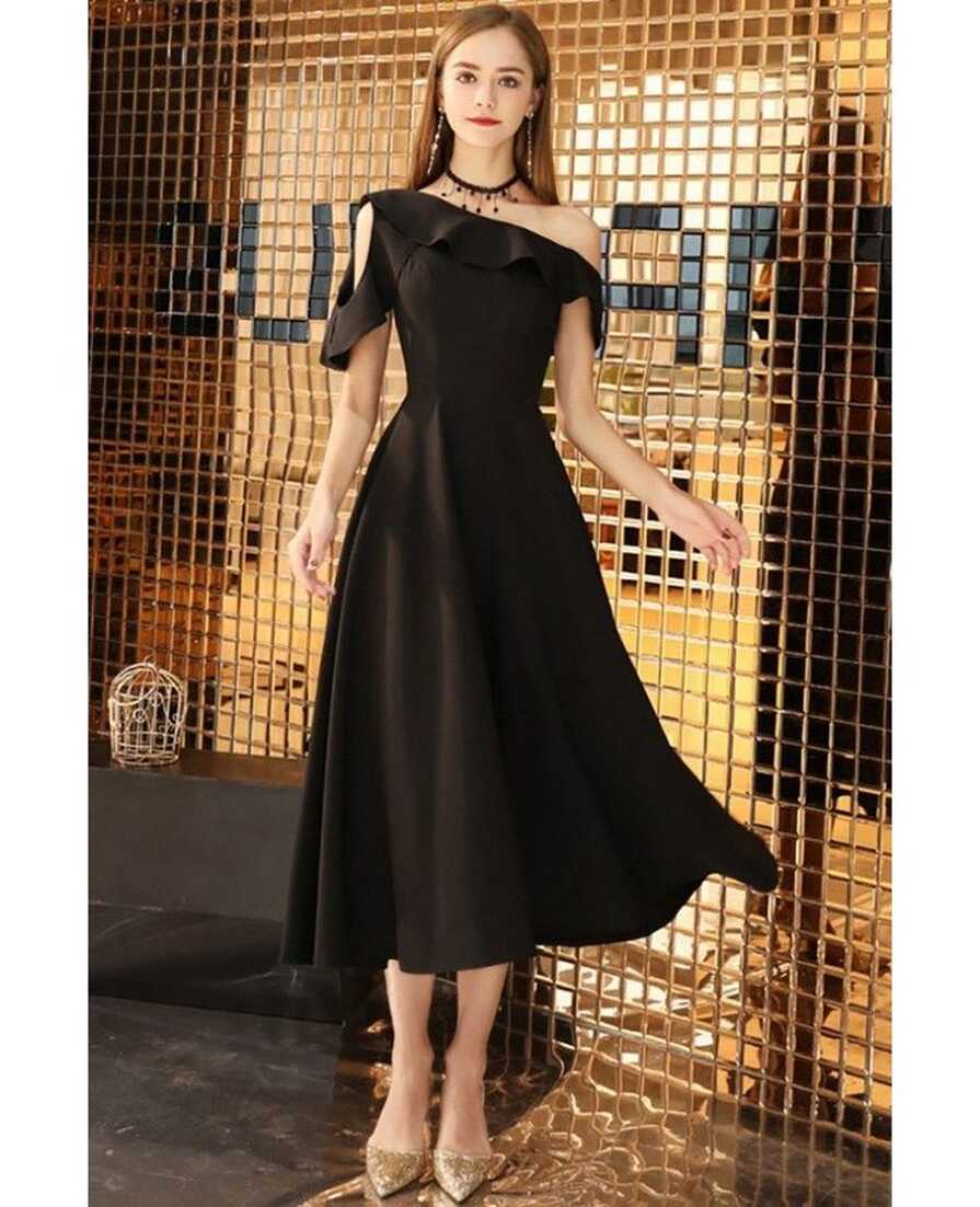 Chic Black Aline Tea Length Dress For Semi Formal