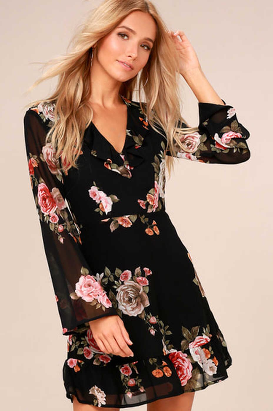 Chic Black Floral Dress - Long Sleeve Dress - Ruffled Dress - Lulus