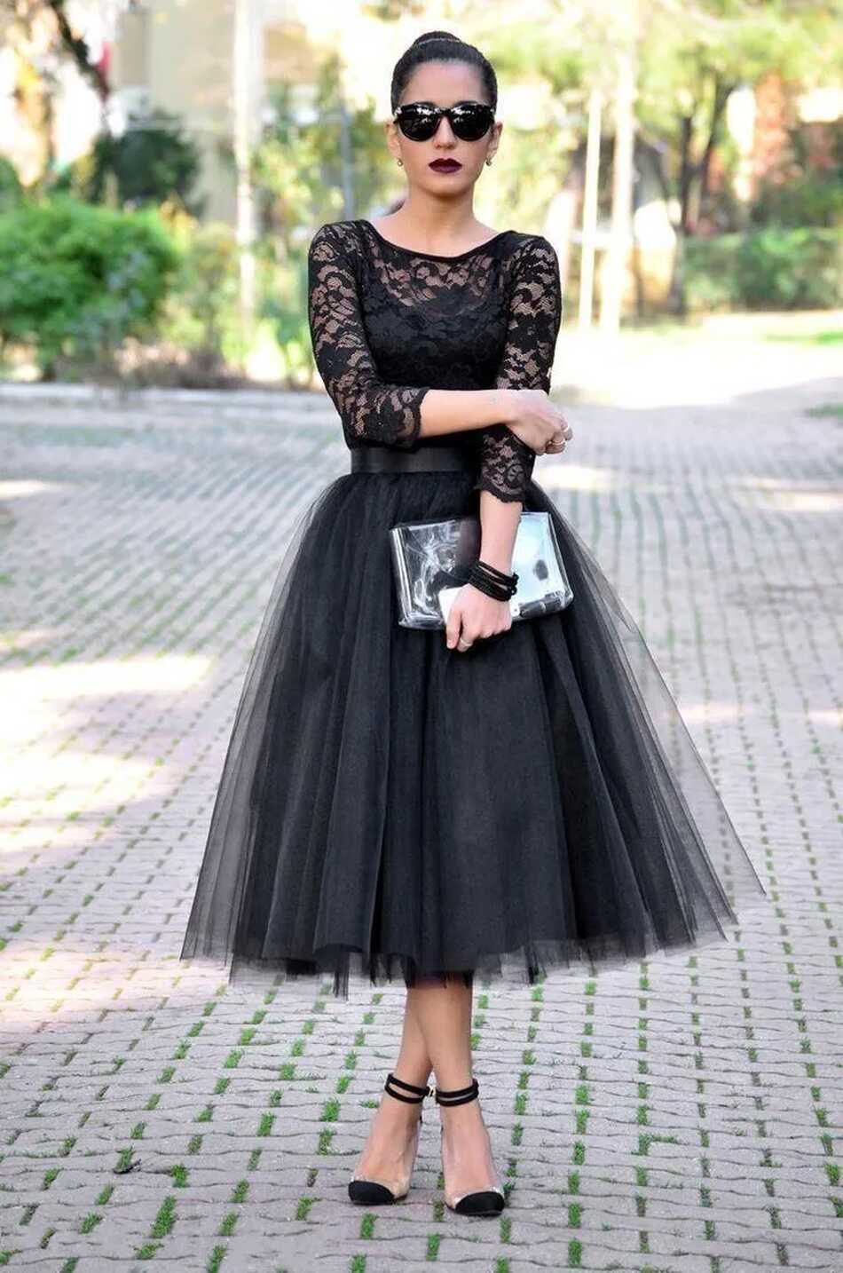 Chic Black Lace Tea Length Black Tulle Formal Dress With Jewel A ...