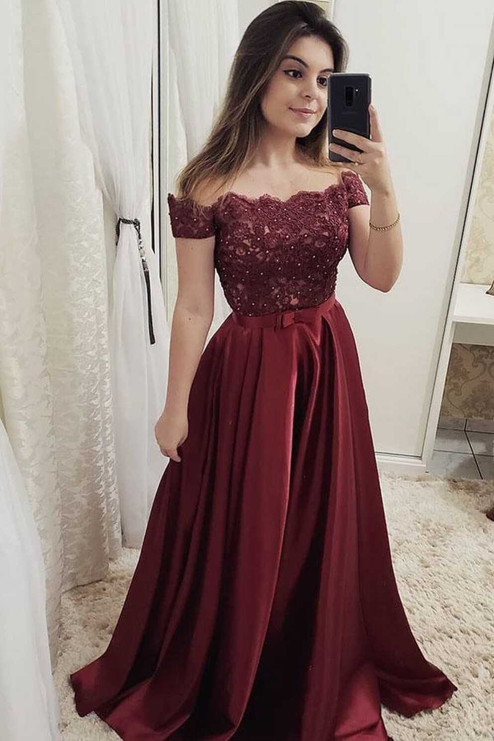 Chic Burgundy Off Shoulder Floor Length Satin Lace Prom Dresses ...