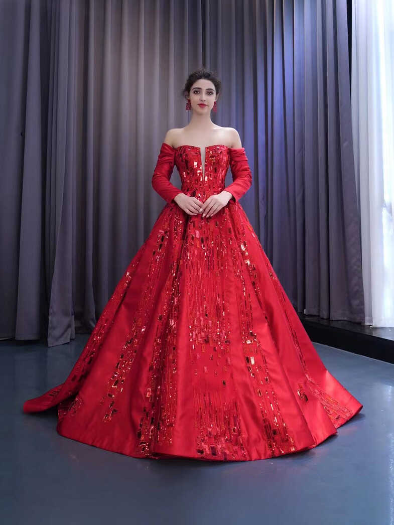 Chic Gorgeous Red Ball Gown Formal Gown Long Sleeve Prom Dress ...