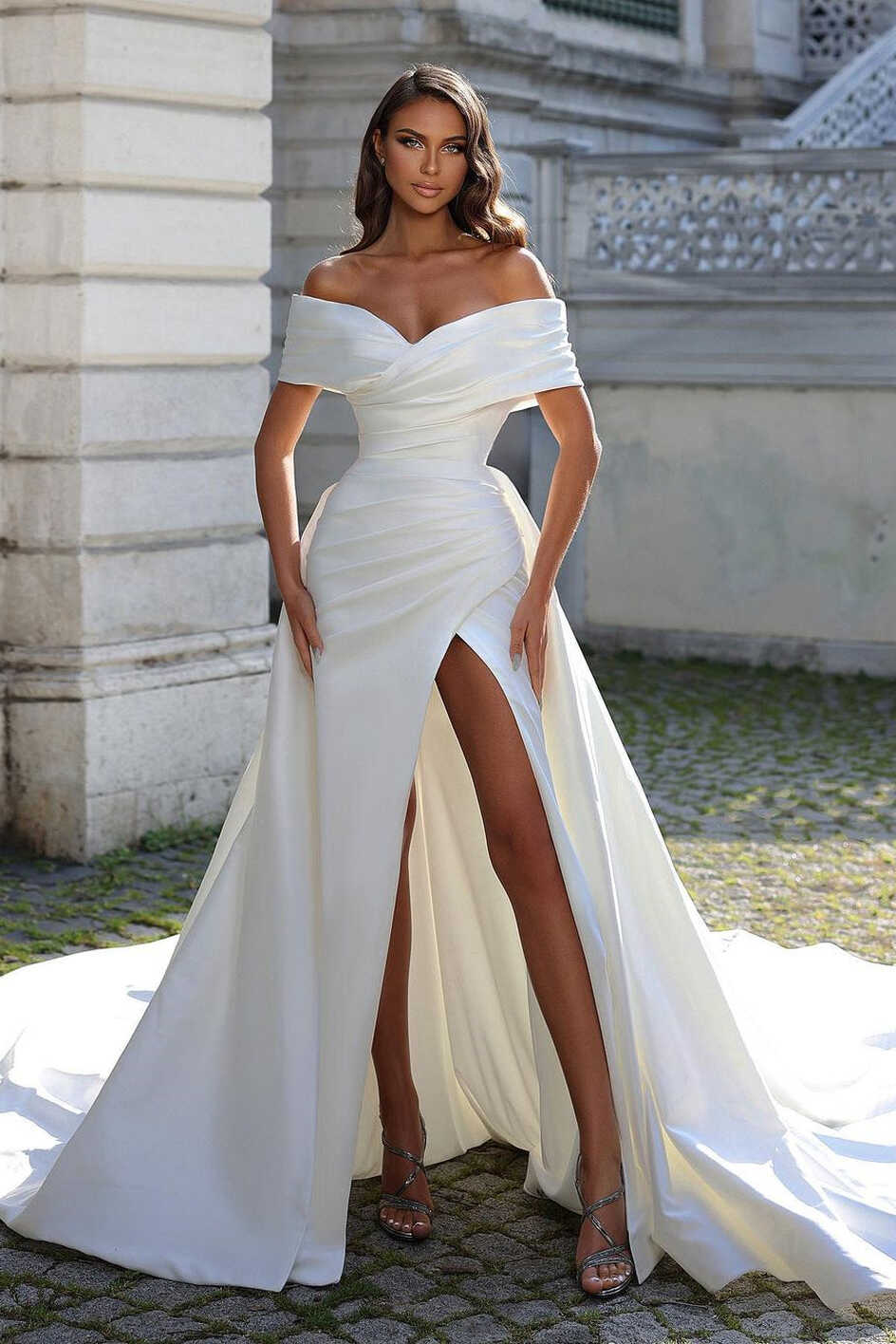 Chic Long White Off-the-Shoulder Front Split Long Wedding Dress ...