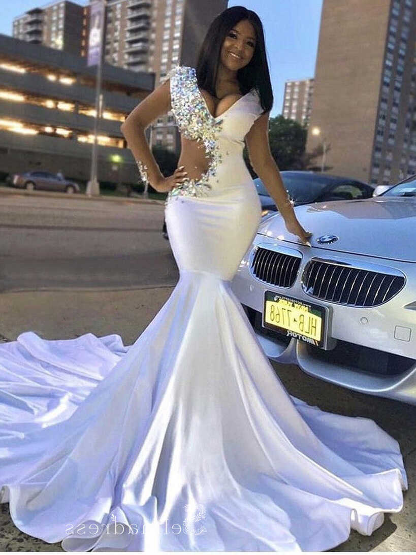 Chic Mermaid Deep V neck White Long Prom Dresses Sexy African ...