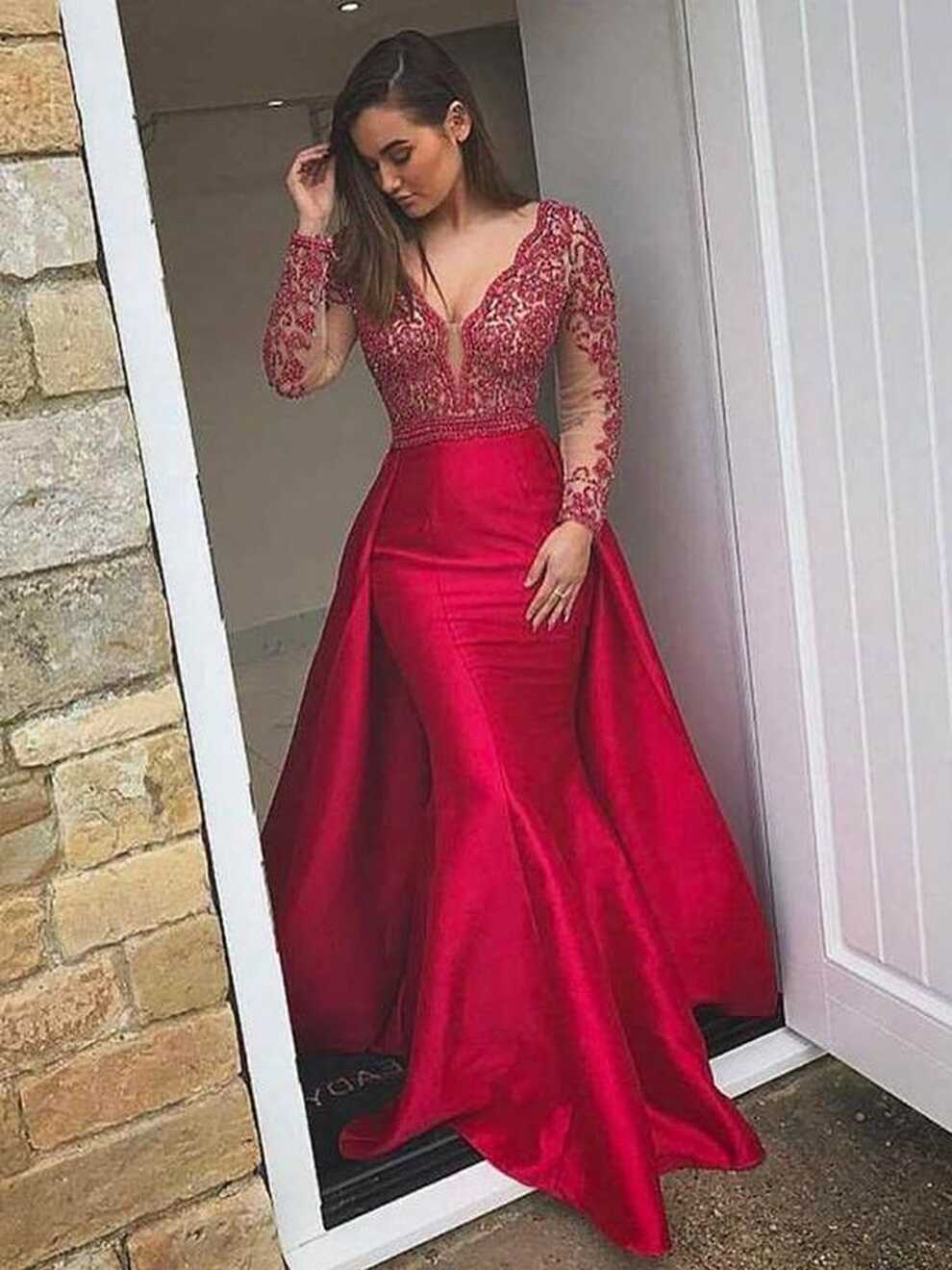 Chic Mermaid Red Prom Dress Long Sleeve Red Prom Dress #ER162 ...