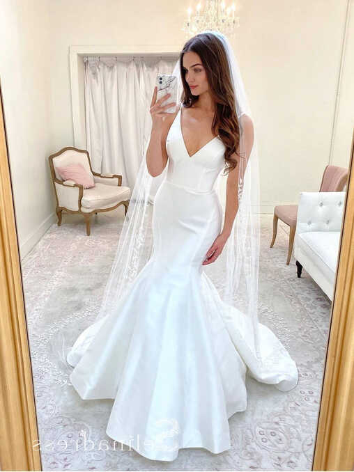 Chic Mermaid V neck Satin Wedding Dresses White Bridal Gowns ...