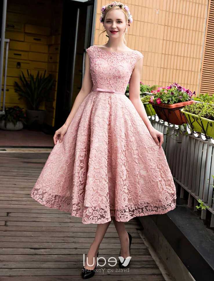 Chic Pink Cocktail Dress Tea Length Lace Party Dress 2017