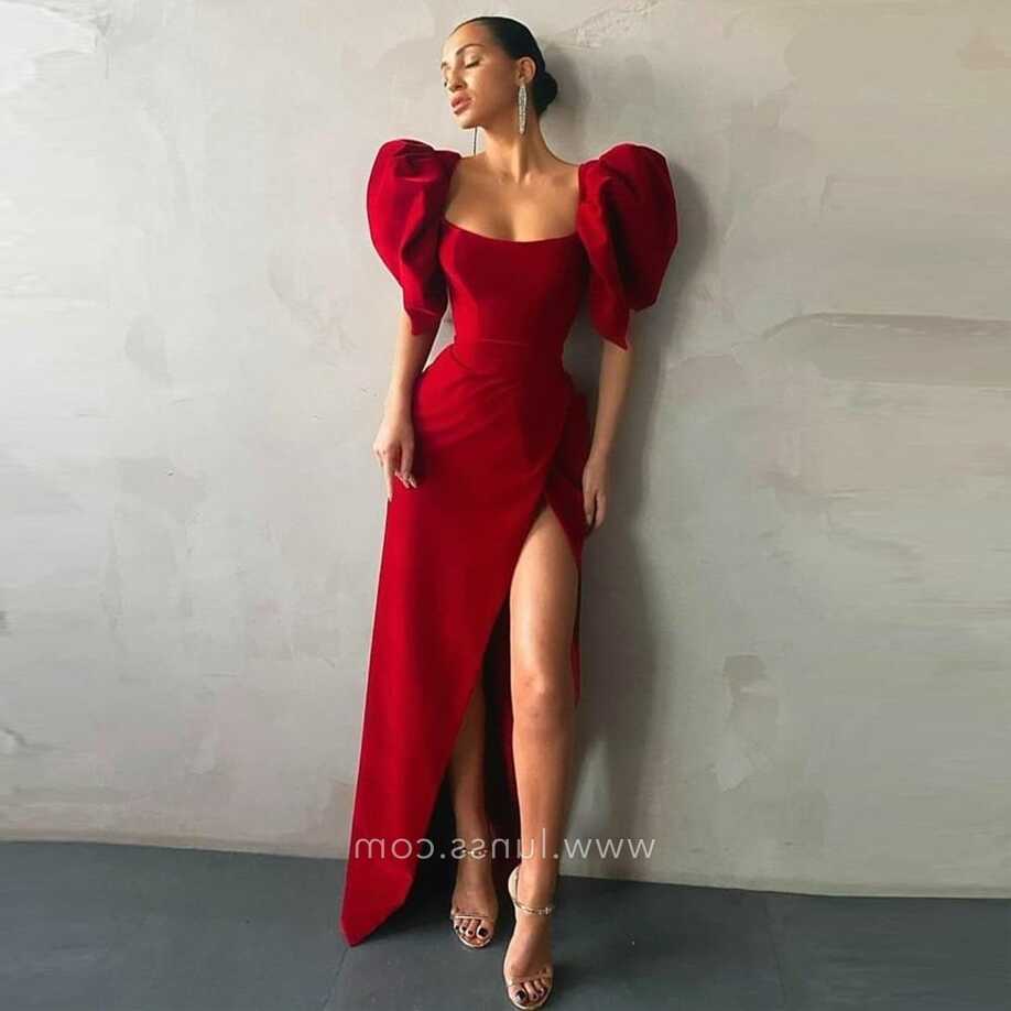 Chic Red Short Puff Sleeve Slit Long Evening Prom Dress - Lunss