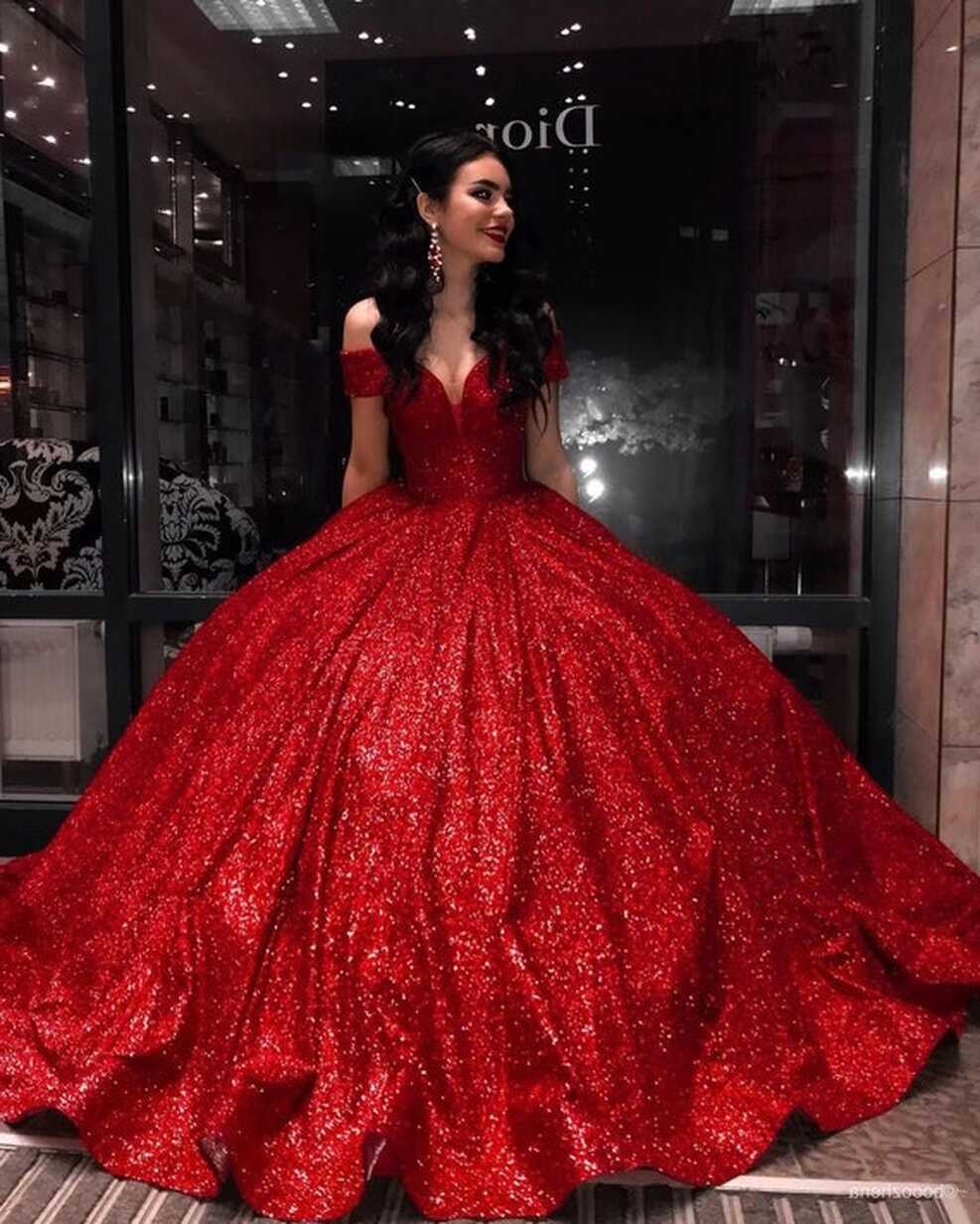 Chic Shiny off the Shoulder Puffy Ball Gown, Long Red Wedding ...