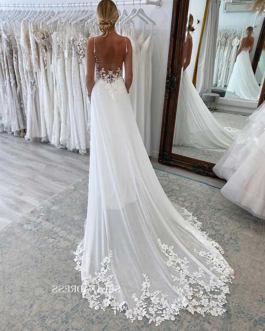 Chic Spaghetti Straps Romantic Wedding Dresses Open Back Chiffon ...