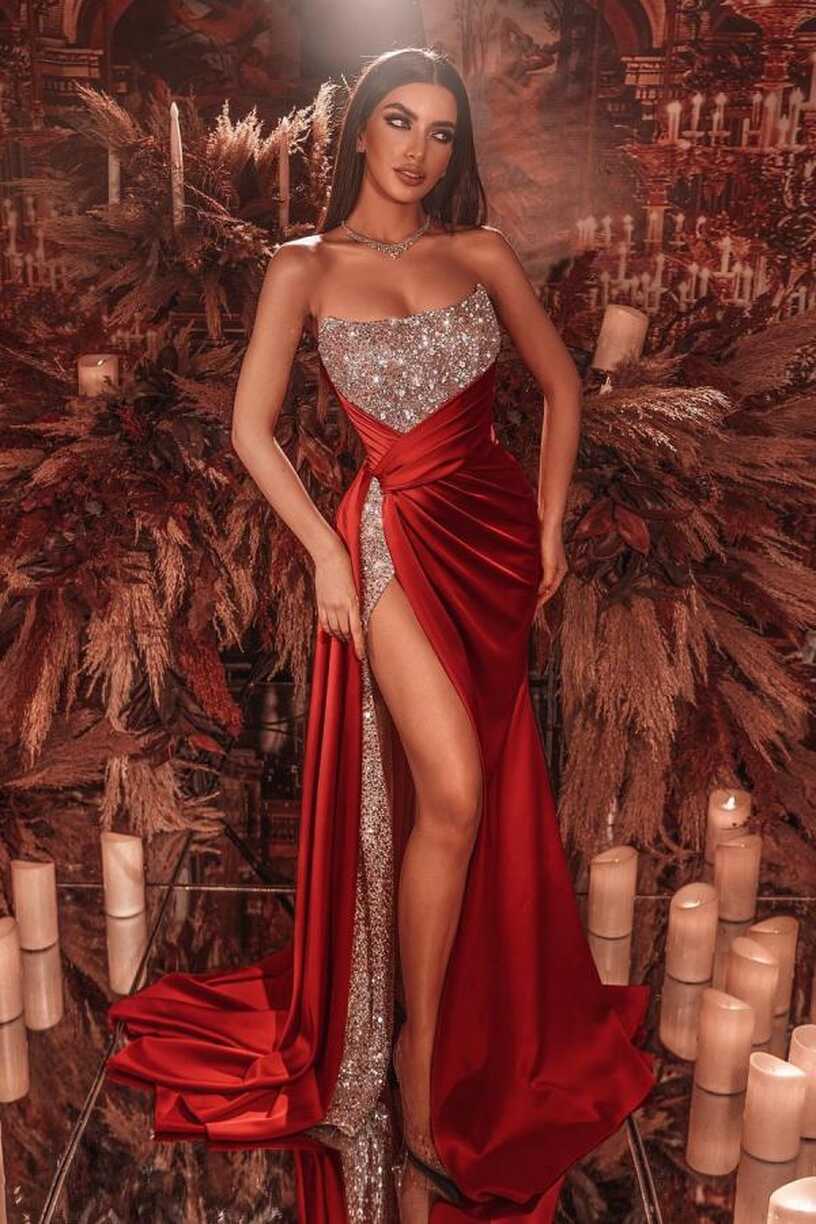 Chic Strapless Glitter Sequins Evening Gown with Side Slit ...