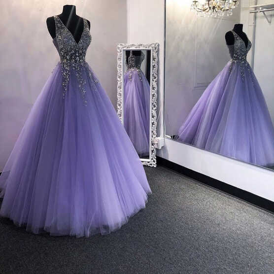 Chic V Neck Sequins Purple Tulle Long Prom Dresses, V Neck Lilac ...