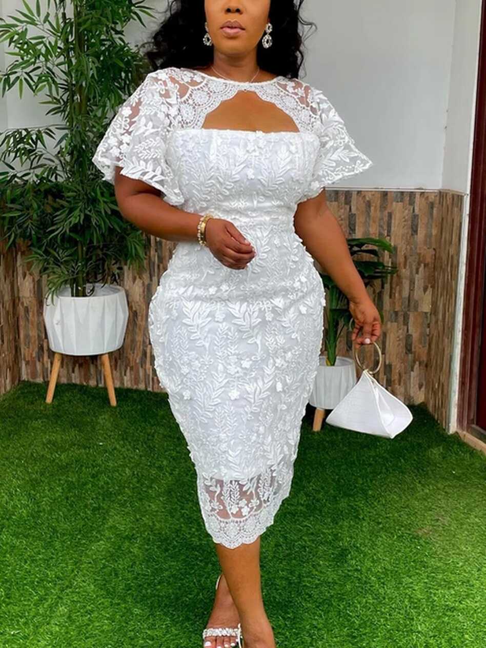 Chic White Dresses Summer Falre Sleeve Chest Wrapping Lace Midi ...