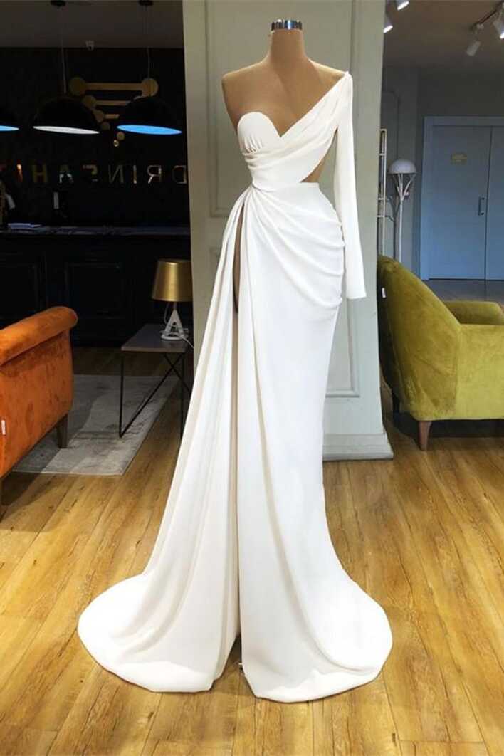 Chic White Long Sleeves One Shoulder Split Prom Dresses – Dbrbridal