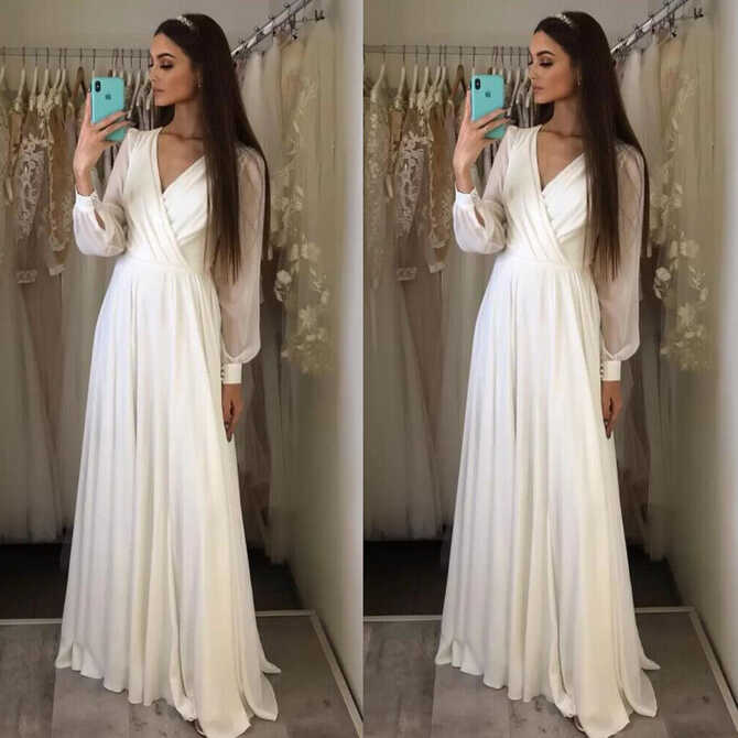 Chiffon Beach Wedding Dresses Long Sleeves V Neck Simple White ...