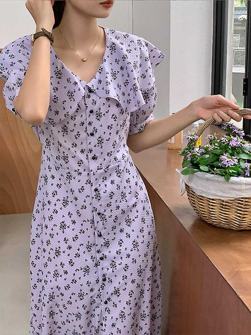 Chiffon Floral Dress 2022 Summer New Korean Version Lotus Leaf ...