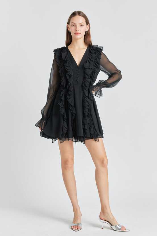 Chiffon Long-Sleeve Ruffle Mini Dress – Endless Rose