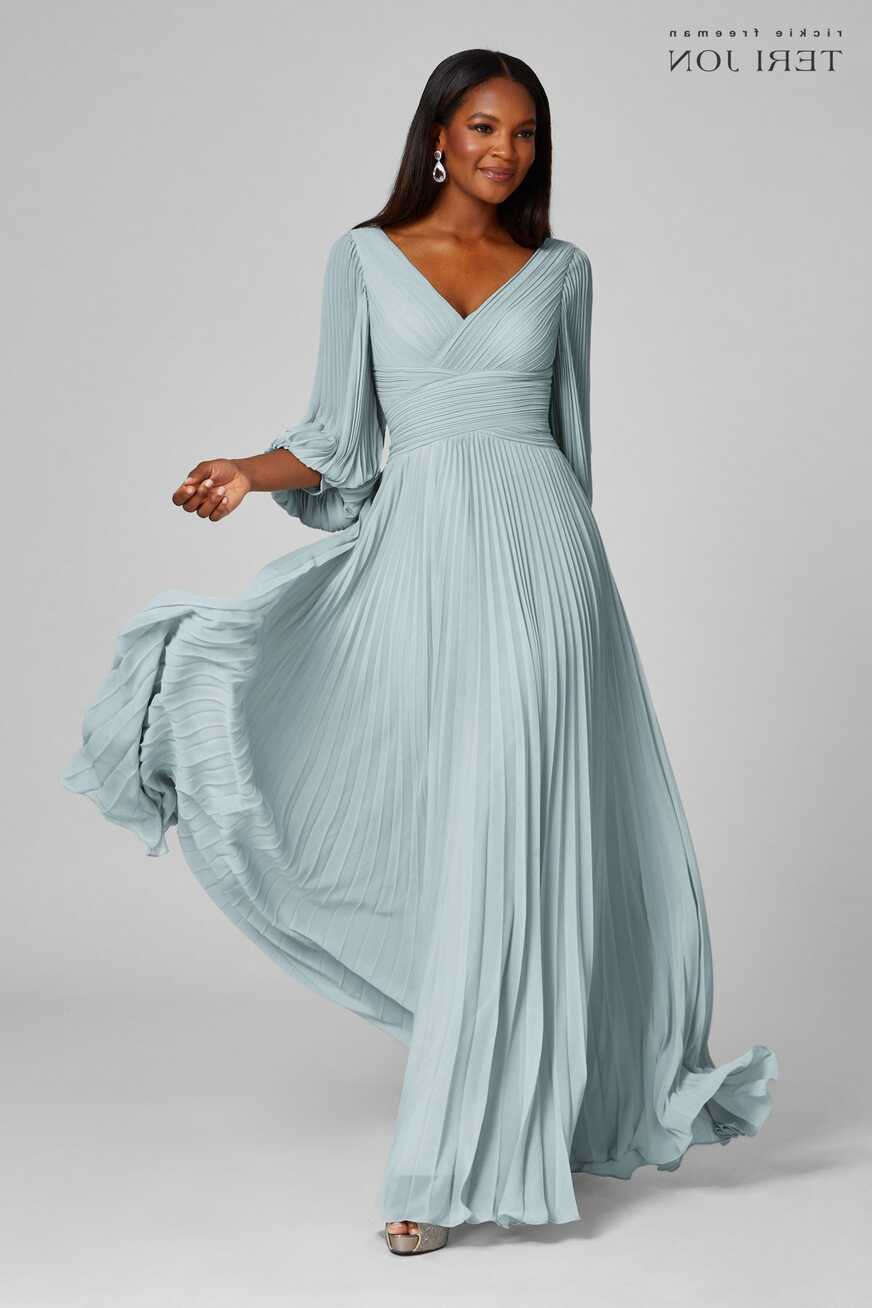 Chiffon Puff Sleeve Pleated V-Neck Gown | Teri Jon – Terijon.com