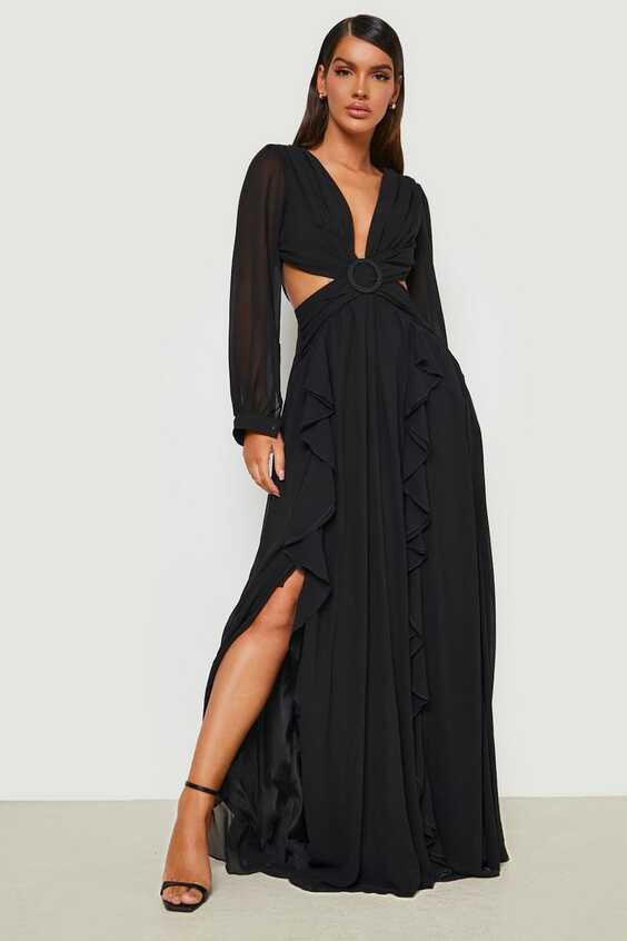 Chiffon Ruffle Plunge Maxi Dress | boohoo