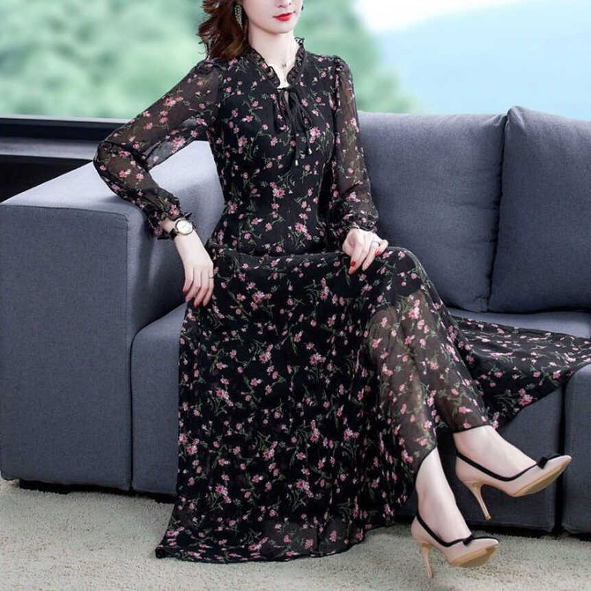 Chiffon Skirt New Spring and Summer Long-sleeved Floral Dress ...