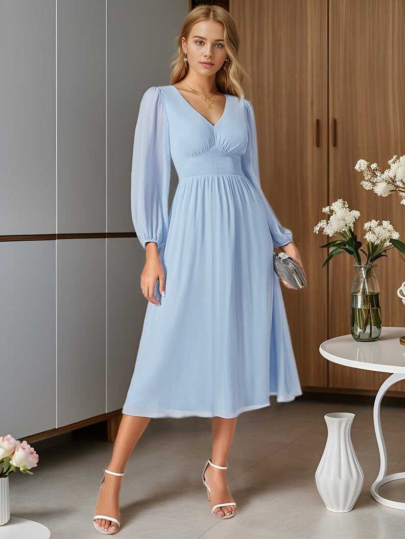 Chiffon V-Neck Long Sleeves Elastic Band Midi Wedding Guest Dress ...