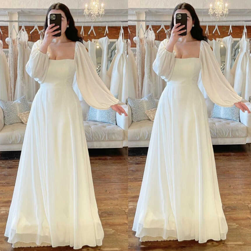 Chiffon Wedding Dresses Long Sleeves Square Neck White Ivory Boho ...